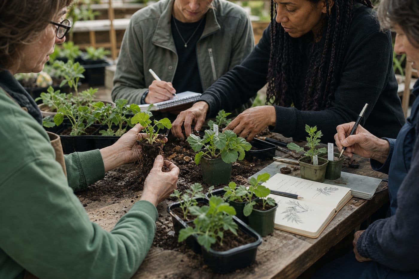 Participants examine roots and transplant seedlings during a hands-on horticulture session.