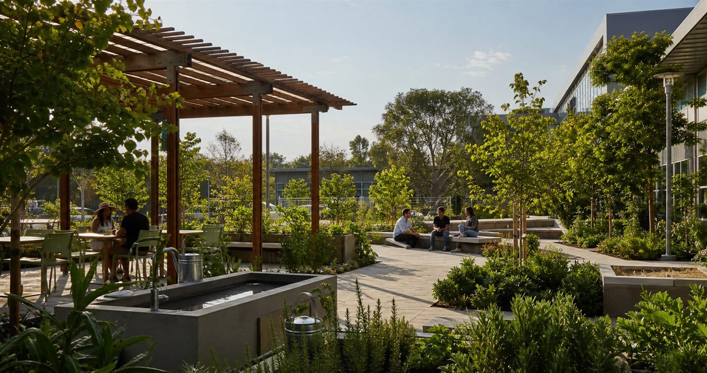 A thoughtfully designed teaching garden with shade, seating, paths, and raised beds.