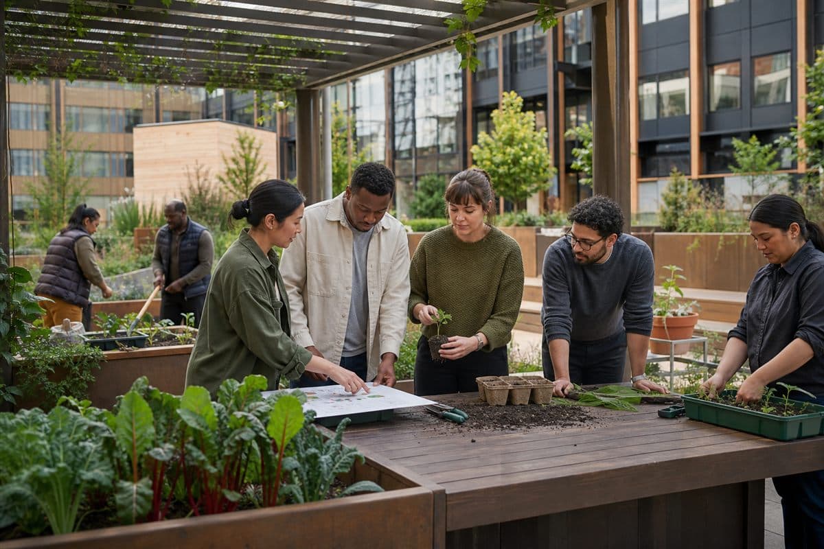 People collaborating in a horticulture activity in a university or organizational garden.
